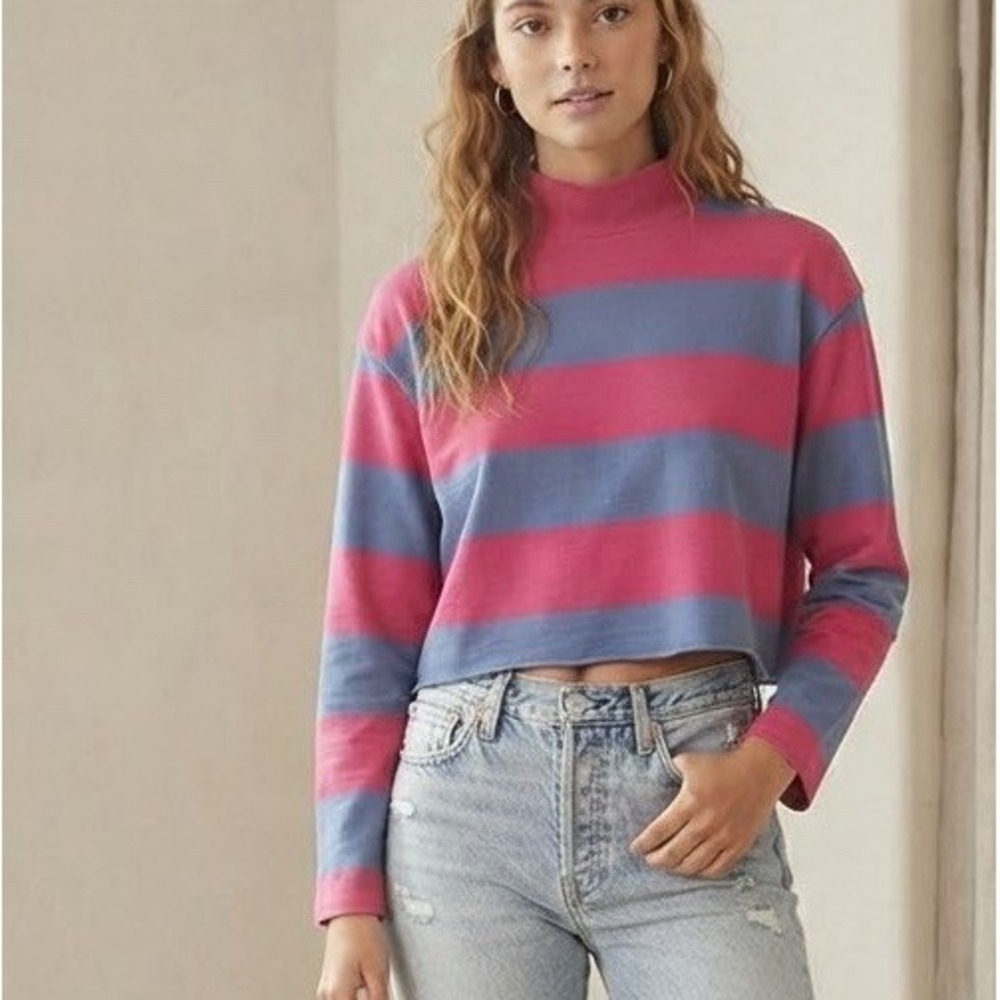 DOLAN Anthropologie Sweatshirt Crop Mock Neck Pink Stripe Sz Small Top Cute!